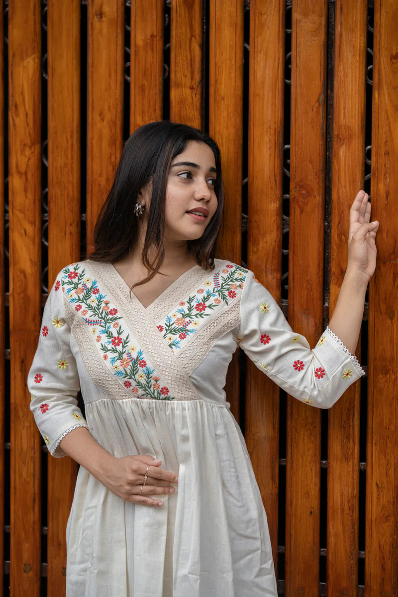 Off White Cotton Kurti/ Dress With Floral Embroidery And Crochet Lace Detailings