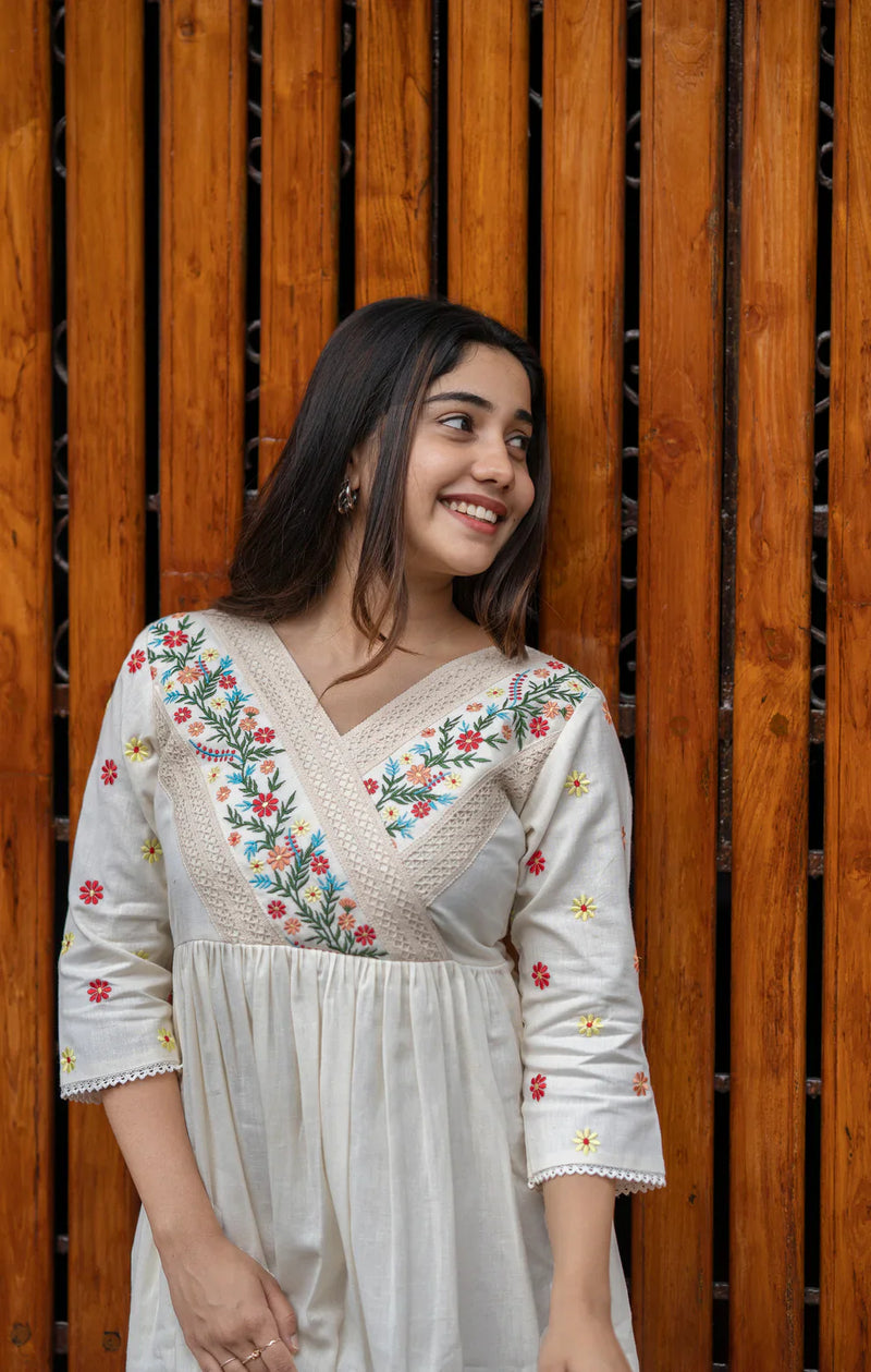 Off White Cotton Kurti/ Dress With Floral Embroidery And Crochet Lace Detailings