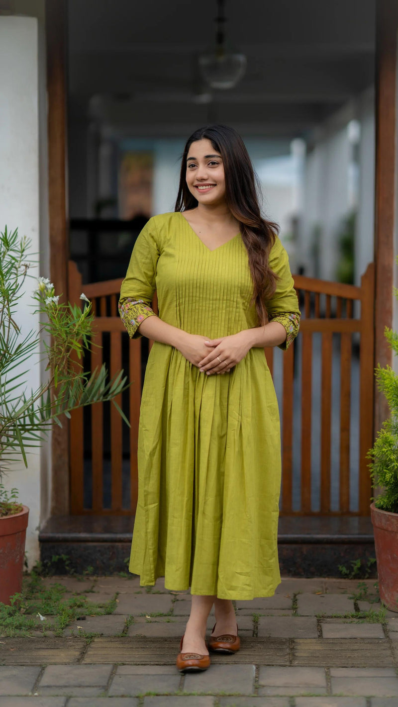 Green Embroidered Printx Work Cotton Anarkali Gown